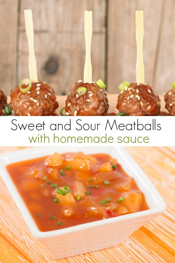 Collage of sweet and sour meatballs and homemade sweet and sour sauce 