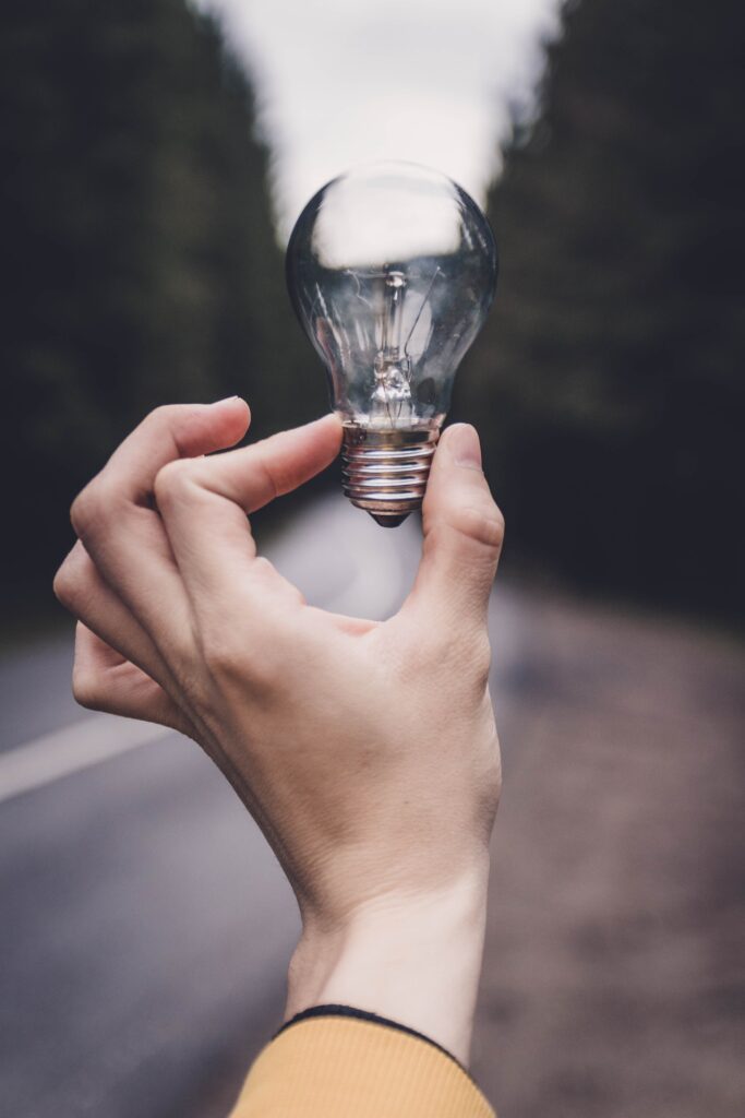 person holding up lightbulb in air 