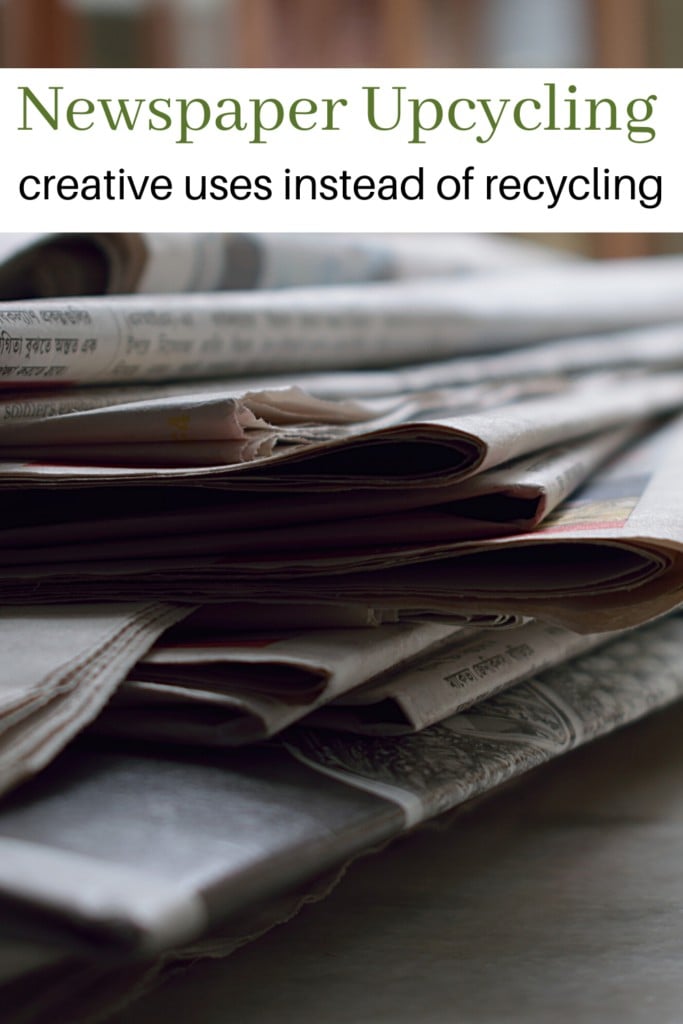 pile of old newspaper with text overlay 'Newspaper Upcycling creative uses instead of recycling'