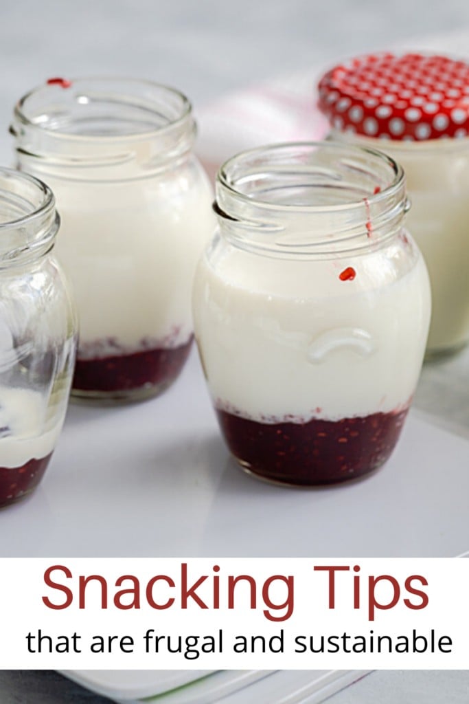 homemade yogurt in glass jars with text 'Snacking Tips that are Frugal and Sustainable'