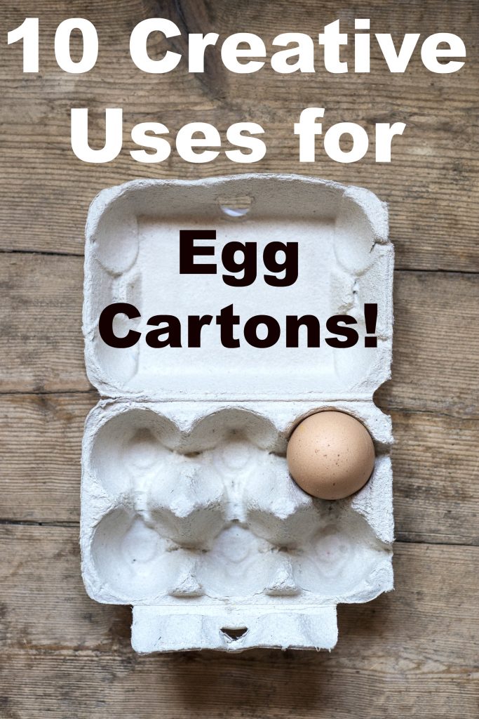 cardboard egg carton with egg in it and text overlay 'Uses for Egg Cartons'