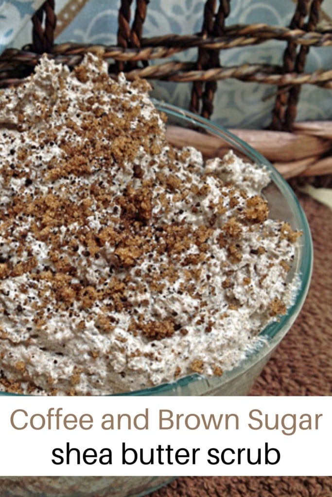 Coffee and Brown Sugar shea butter scrub in a glass bowl in front of a basket