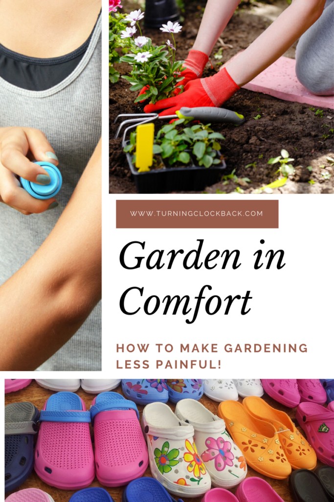 collage of garden supplies and text 'garden in comfort' 