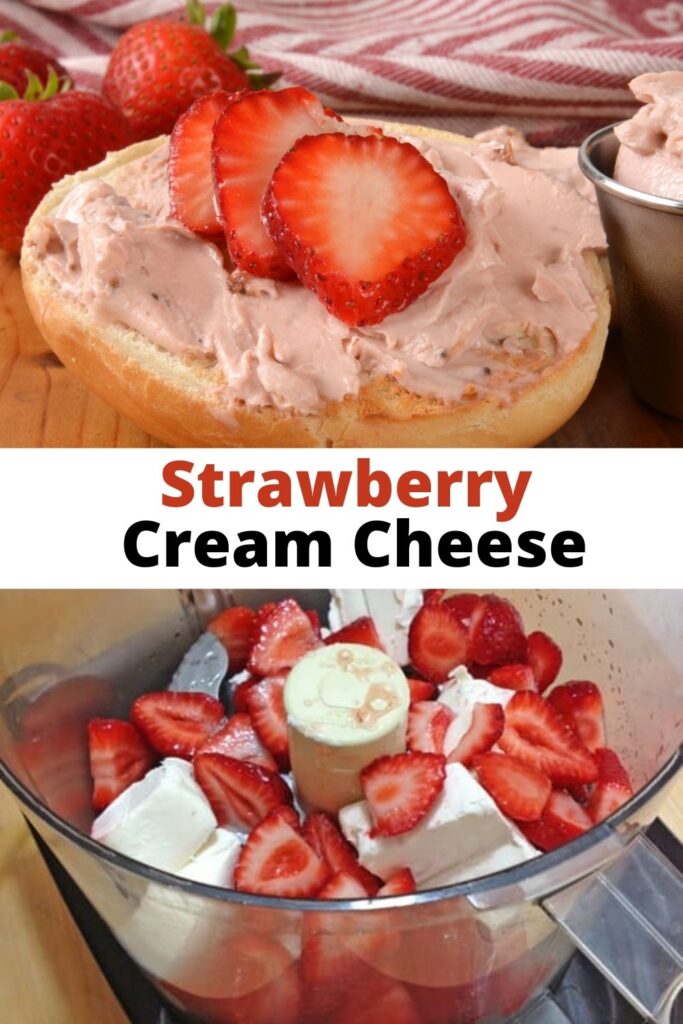 strawberry cream cheese ingredients and DIY strawberry cream cheese on a bagel