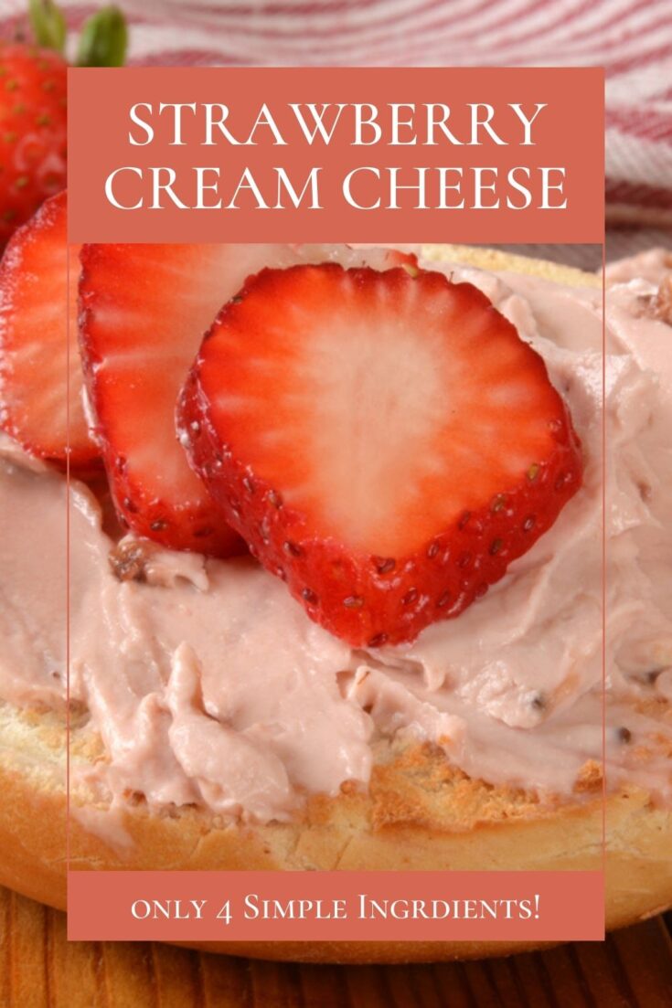 close up of Strawberry Cream Cheese on a bagel with fresh strawberries