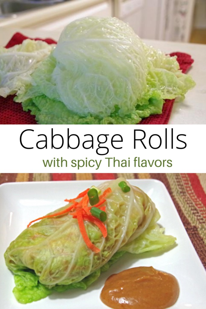 collage of fresh cabbage and cabbage rolls with dipping sauce