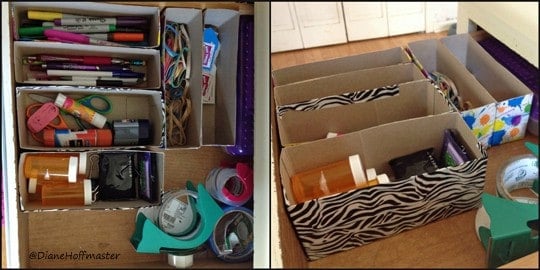 upcycled cereal box drawer organizers in a kitchen drawer