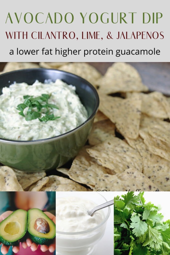 Avocado Yogurt Dip with cilantro, lime, & jalapenos is a lower fat higher protein guacamole