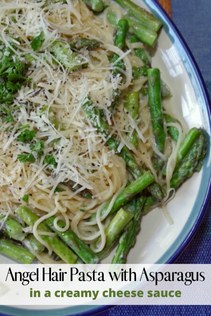 Angel Hair Pasta with Asparagus in a creamy cheese sauce