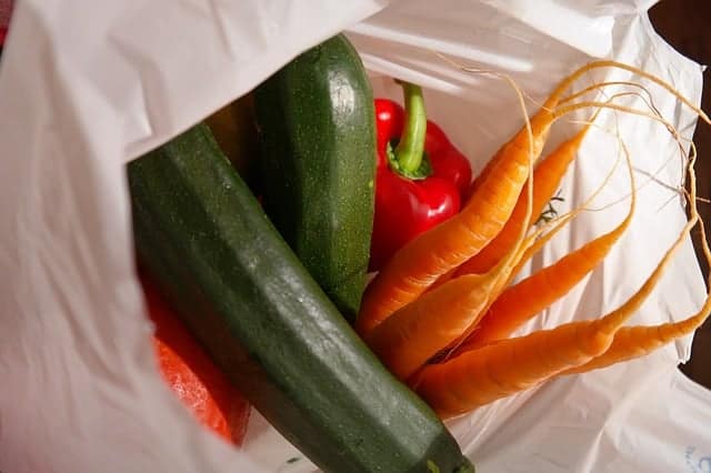 shopping bag with zucchini carrots and peppers