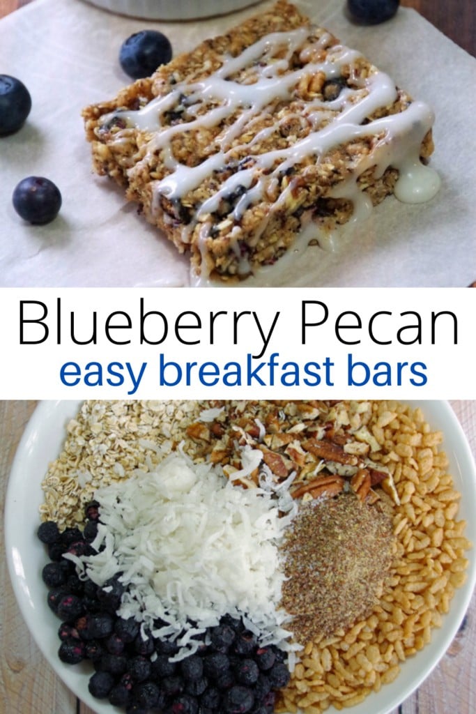 Collage of Blueberry Pecan Easy Breakfast Bars and bowl of breakfast bar ingredients