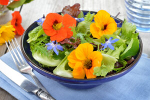 edible pansies in a garden salad
