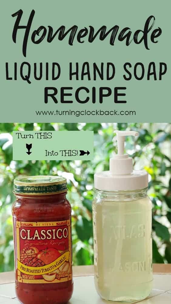 pasta sauce jar next to upcycled jar of homemade liquid soap