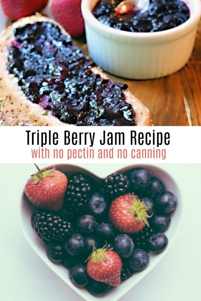 collage of fresh berries and toast with homemade jam on it.