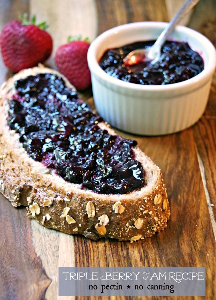 berry jam on toast with jam in small white bowl and text overlay 'Triple Berry Jam Recipe using No Pectin and No Canning! '