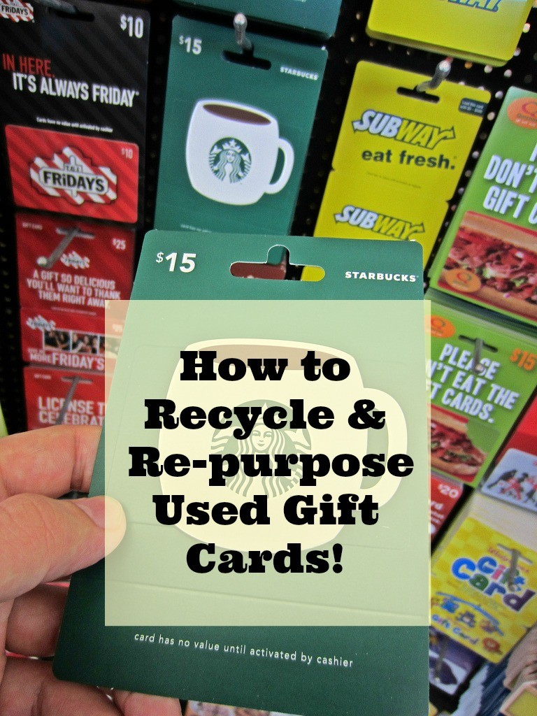 display of gift cards with text overlay 'How to Recycle Gift Cards'