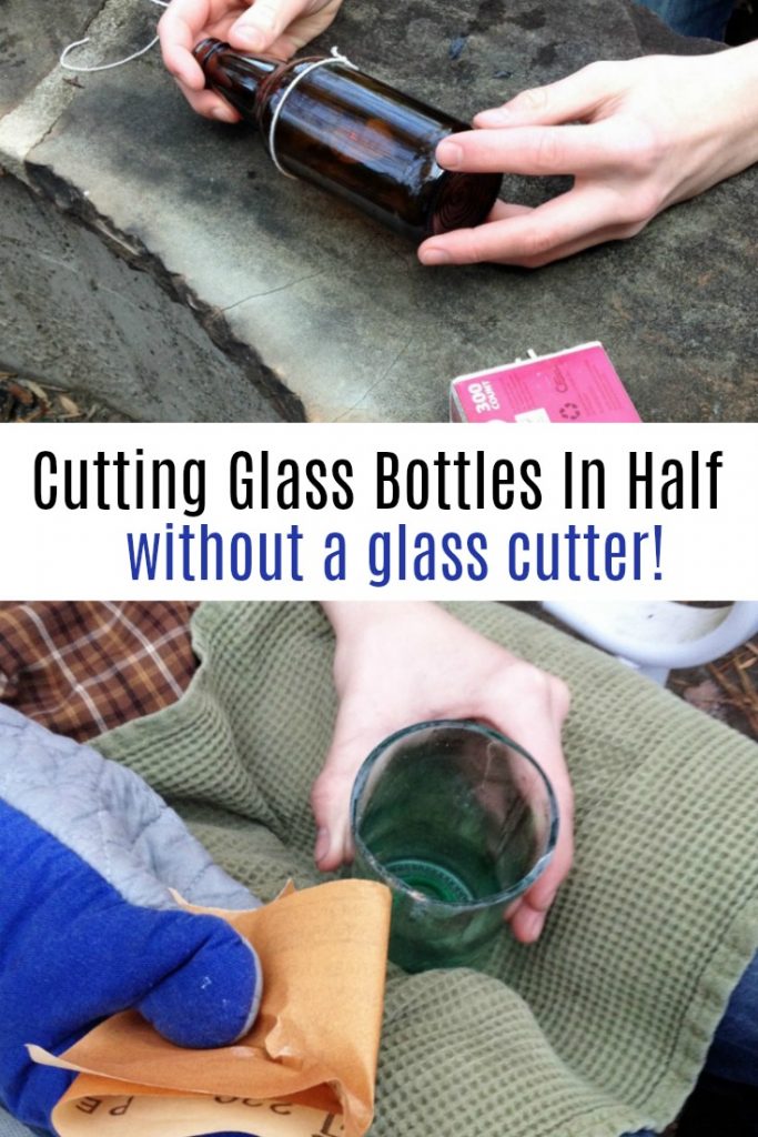 glass bottles being cut in half with string and filed with sand paper
