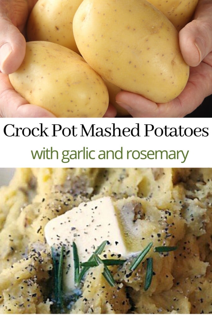 collage of golden potatoes and mashed potatoes in crock pot