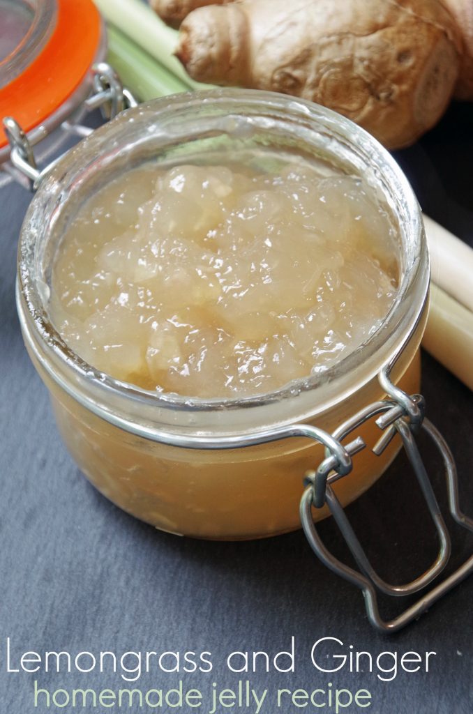 Lemongrass and Ginger Jelly in small canning jar on slate board