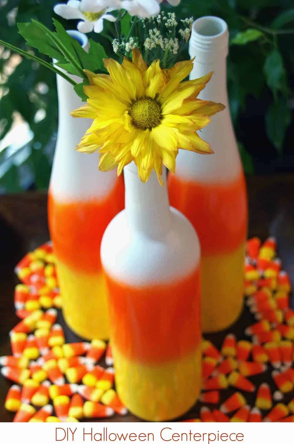 Need DIY Halloween Centerpieces? Make Upcycled Candy Corn Wine Bottles!