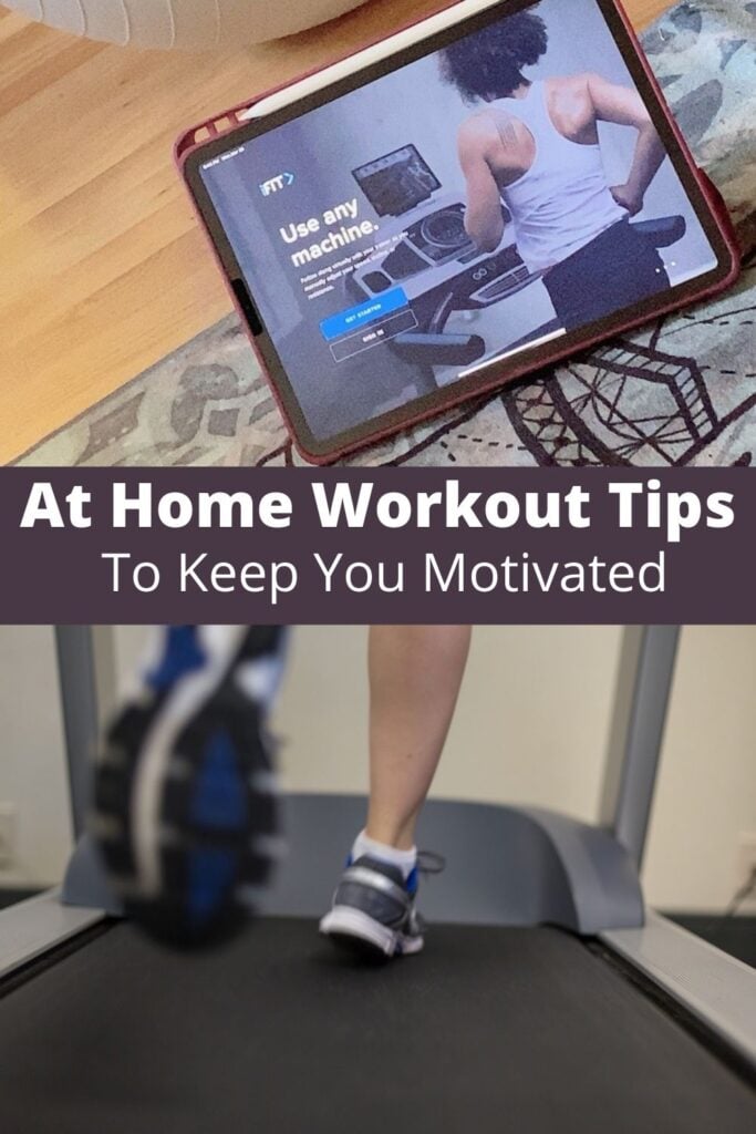 collage of indoor workout photos with text overlay 'At Home Workout Tips To Keep You Motivated'