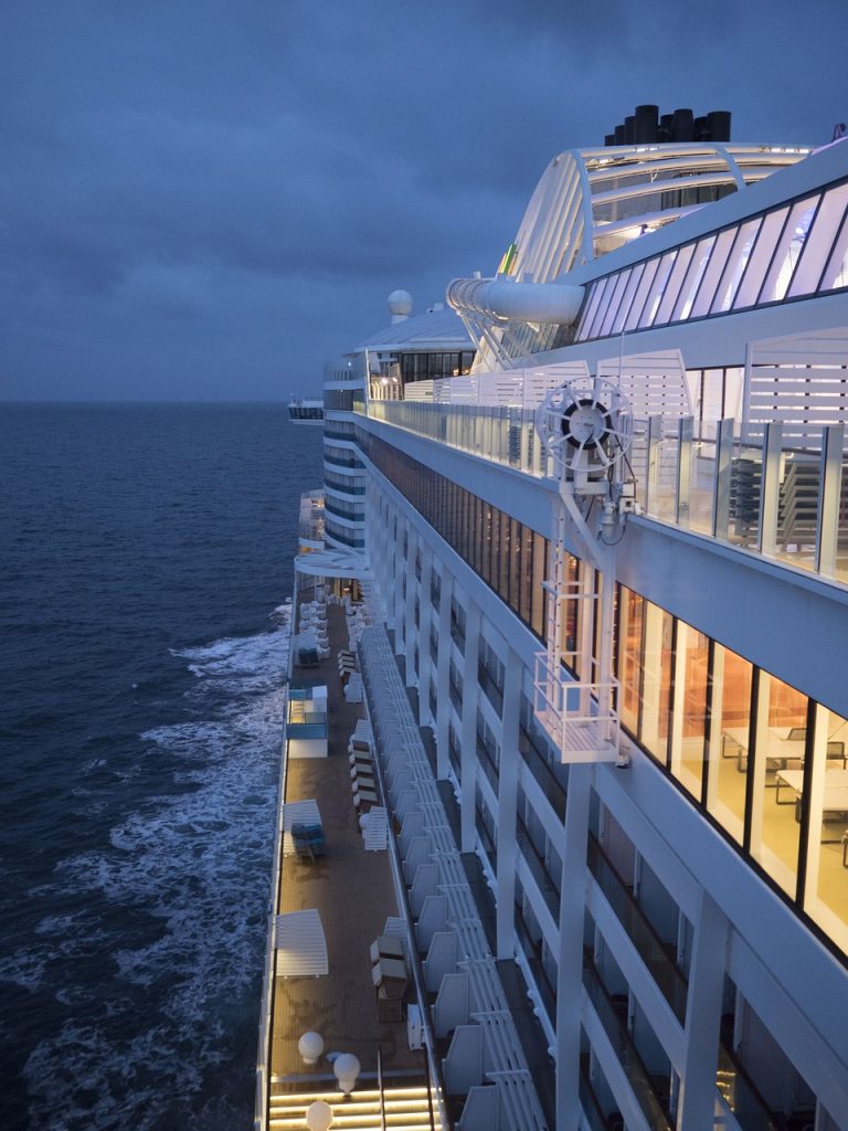 Close up of the side of a large cruise ship