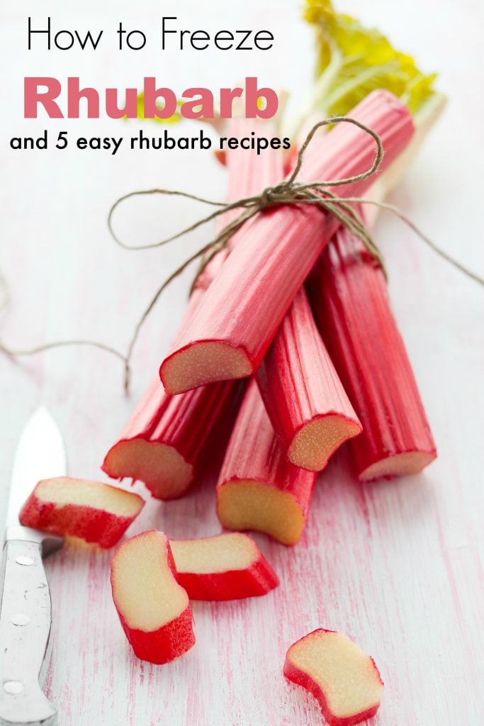 fresh rhubarb sliced with text how to freeze rhubarb