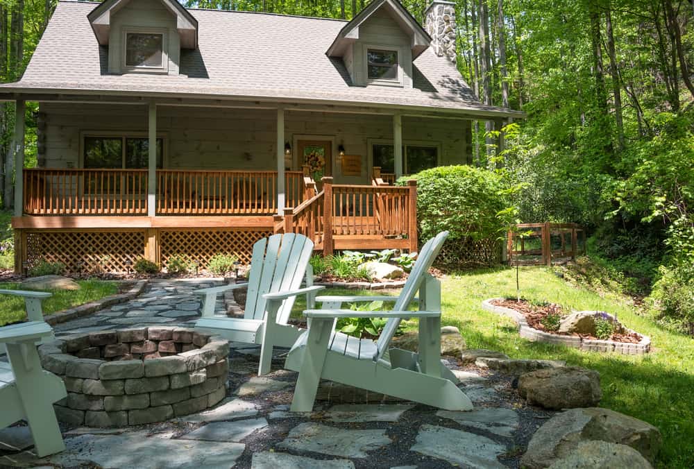 Quaint cozy cabin exterior with fire pit in North Carolina