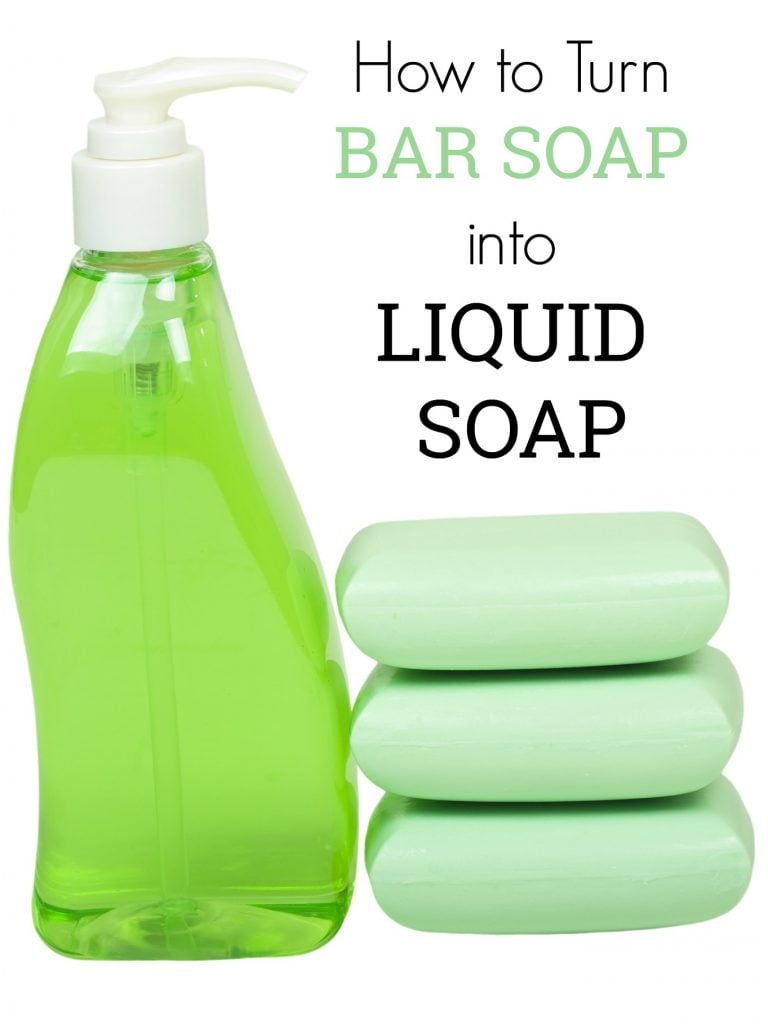 liquid soap container and bars of soap with text overlay 'how to turn bar soap into liquid soap'