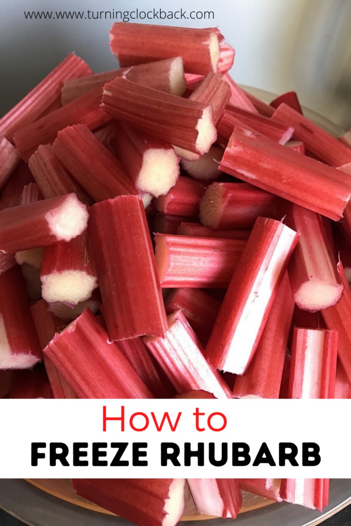 pile of fresh rhubarb with text how to freeze rhubarb