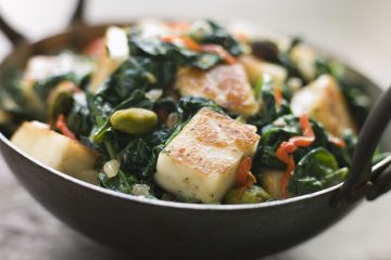 Close up image of Karai Dish with Spinach and fried Paneer