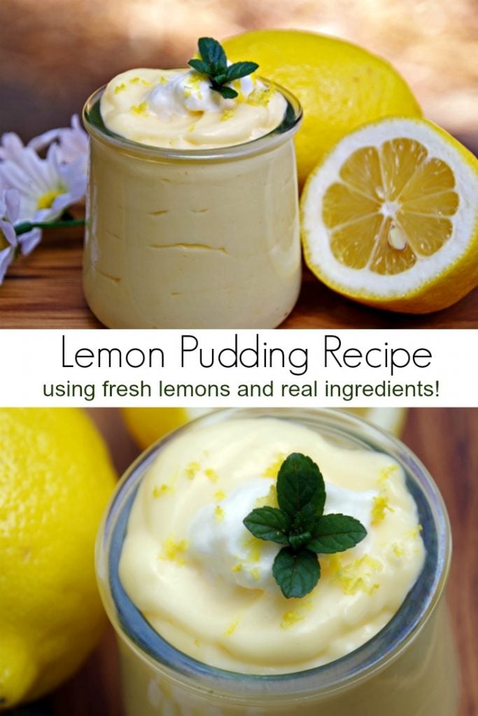 collage of homemade lemon pudding in jars with text overlay 'lemon pudding recipe'