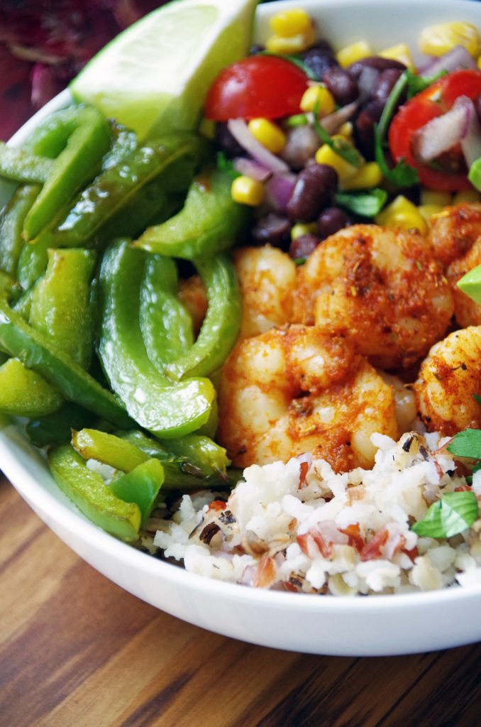 Rice Bowl with Shrimp, Bell Peppers, corn salsa