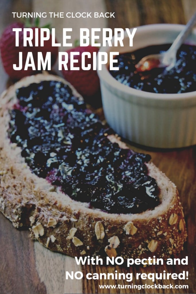 toast with homemade berry jam on it and text overlay Easy Berry Jam Recipe with No Pectin and No Canning