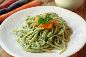 Brown Rice Pasta with Carrot Top Pesto