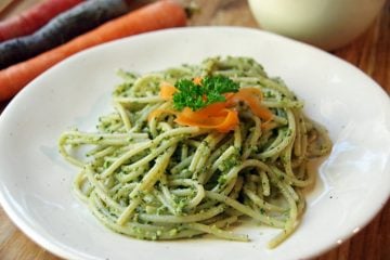 Brown Rice Pasta with Carrot Top Pesto