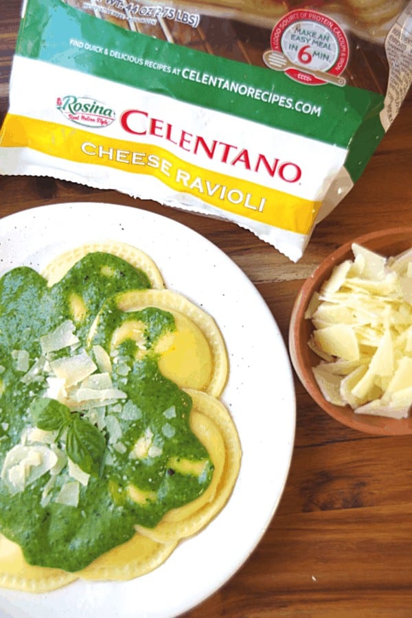 Celentano cheese ravioli with spinach pasta sauce with Parmesan cheese and fresh basil