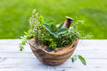 fresh medicinal herbs in a wooden mortar and pestle