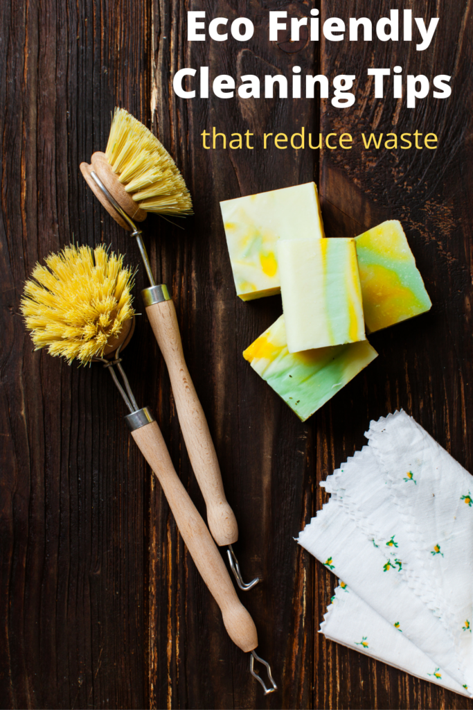 collection of zero waste cleaning products with text overlay 'Eco Friendly Cleaning Tips that reduce waste'