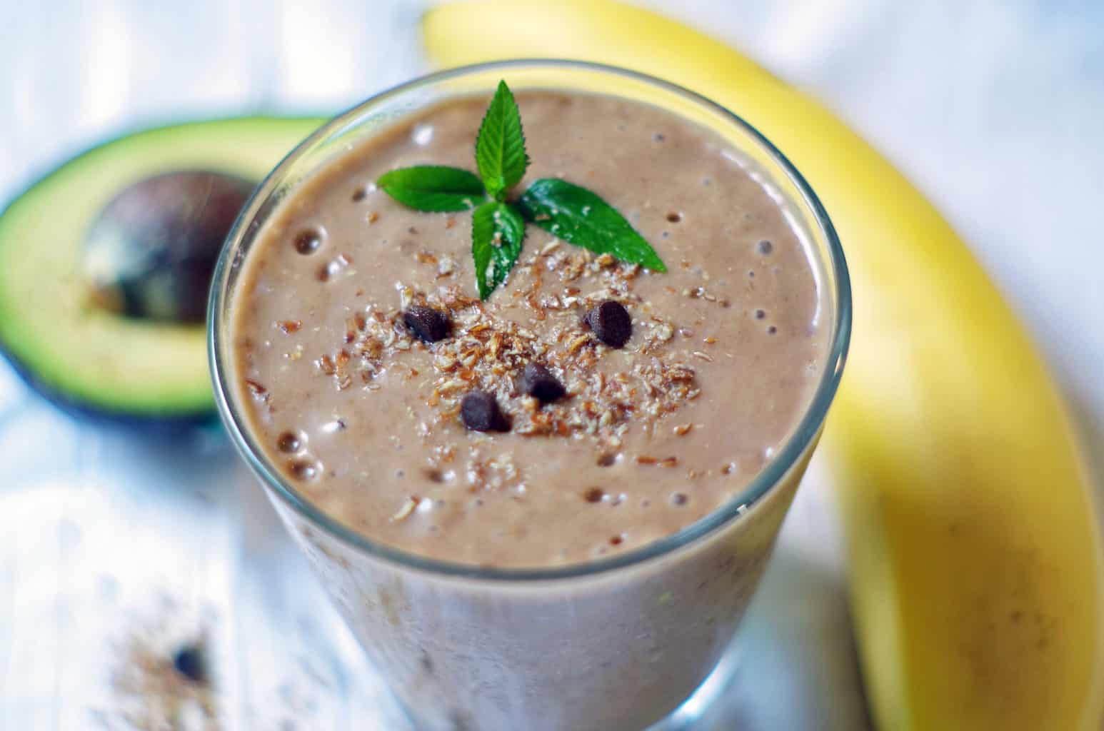 close up chocolate almond milk smoothie