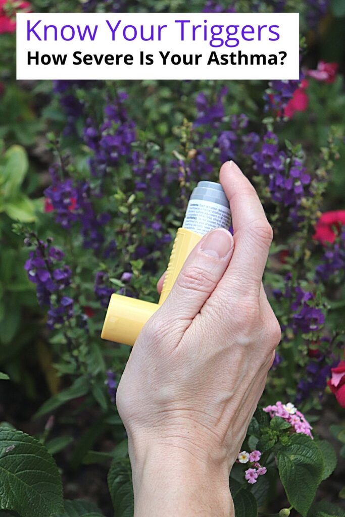 asthma inhaler in hand in front of flowers with text overlay 'know your asthma triggers'