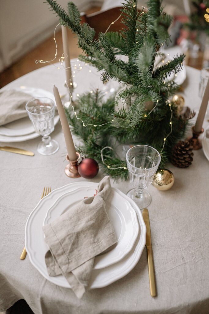 eco friendly christmas place setting and small pine tree on table