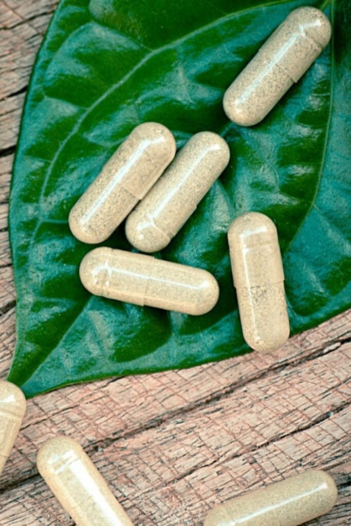 capsule vitamins on leaf