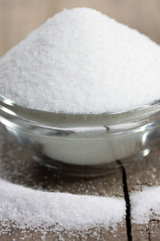 granulated sugar in glass bowl