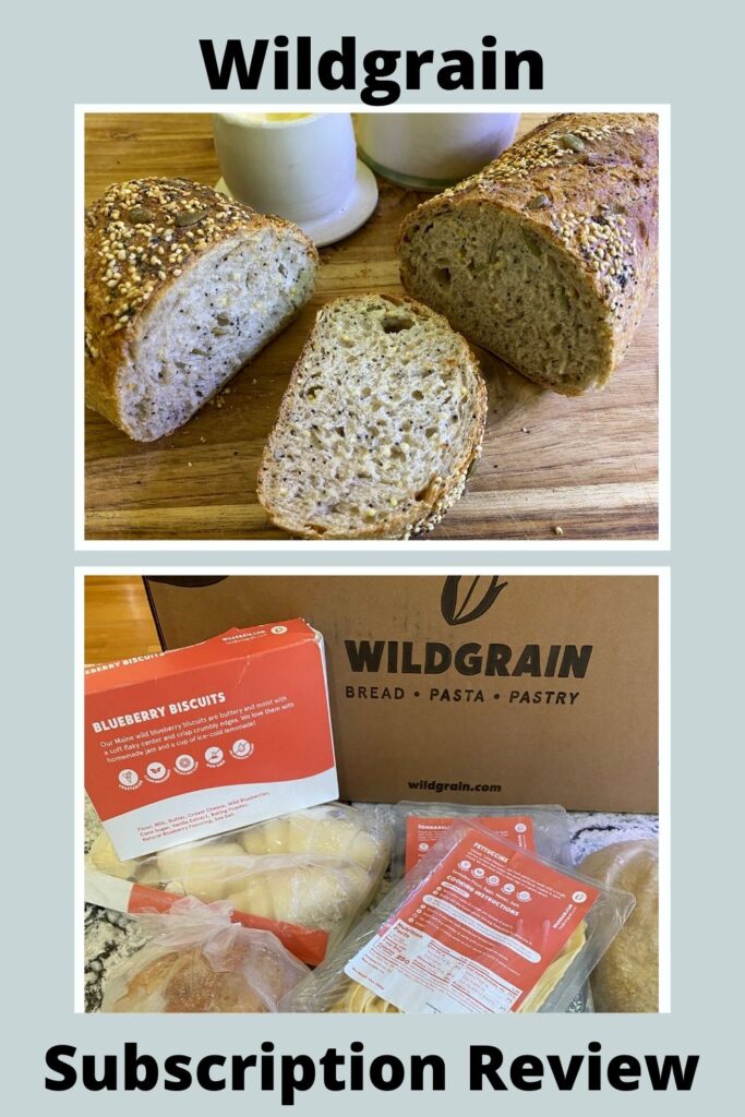 bread delivery box contents with text overlay 'Wildgrain Subscription Review'