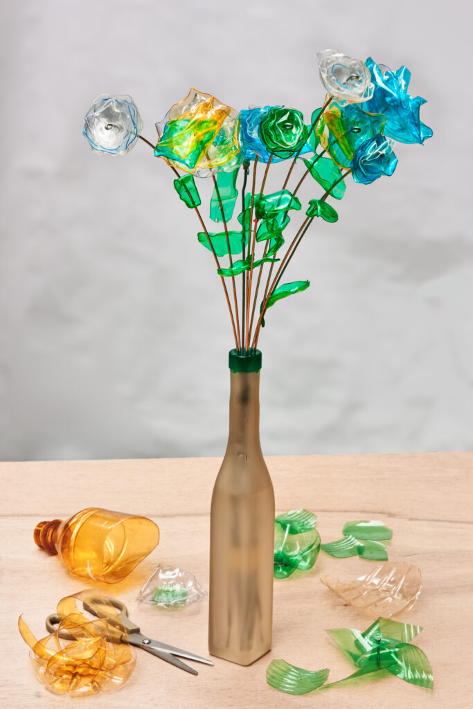creative recycling: handmade flowers made from scraps of plastic bottles