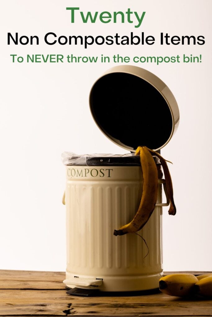 Countertop compost bin on counter with text overlay 'Twenty non compostable items to never throw in your compost bin'