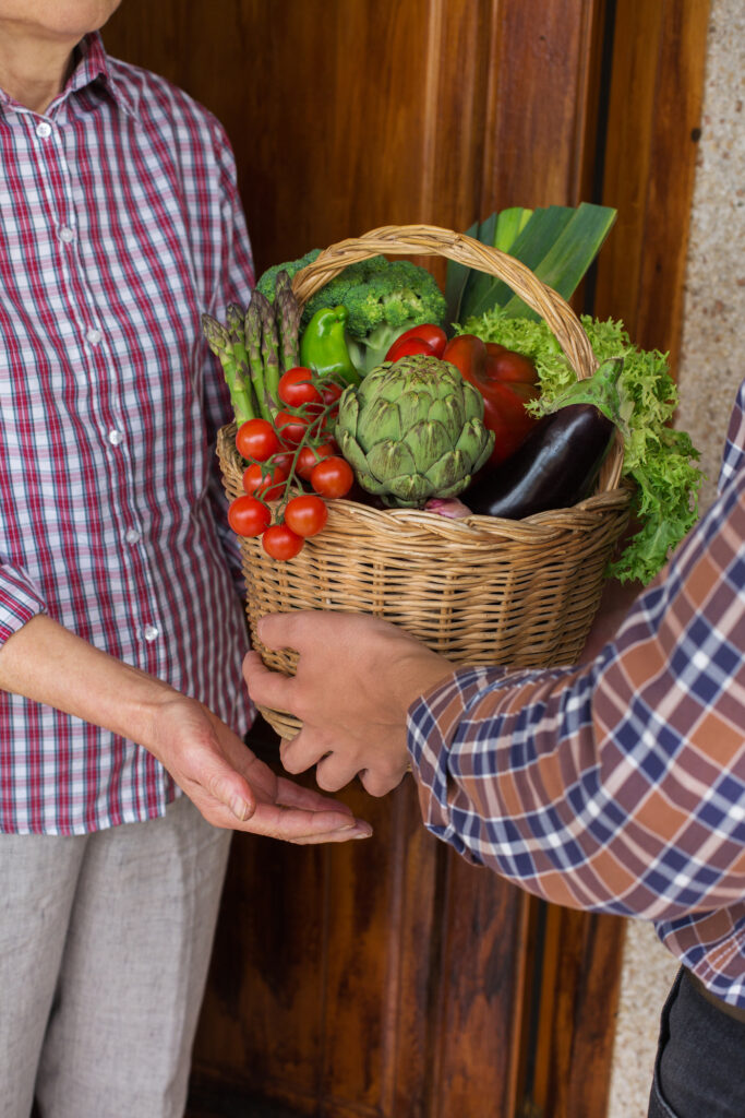 Organic bio local food delivery, zero waste, eco-friendly concept. Assortment of ripe vegetables from orchard in farmer hands