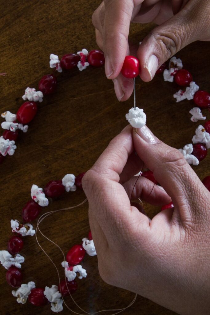 cranberry garland using fresh cranberries and popcorn